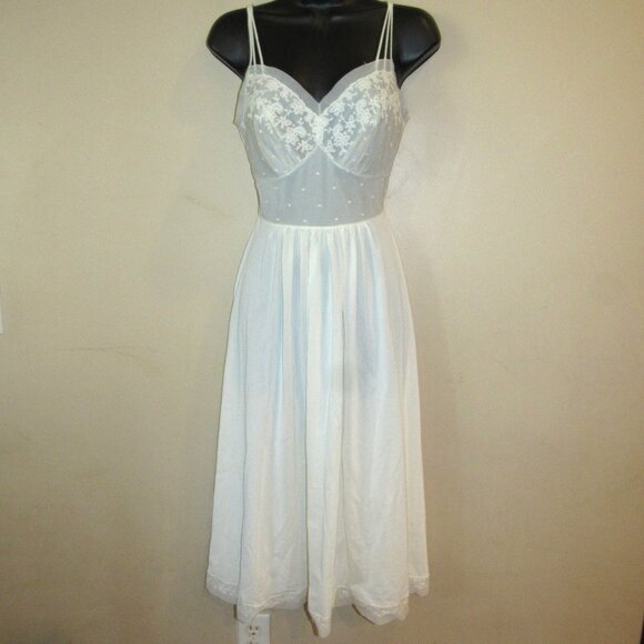 Vtg 50’s Vanity Fair Midi Slip Dress Gown Sz 32 Tricot Nylon Embroidered Dainty - Picture 1 of 6